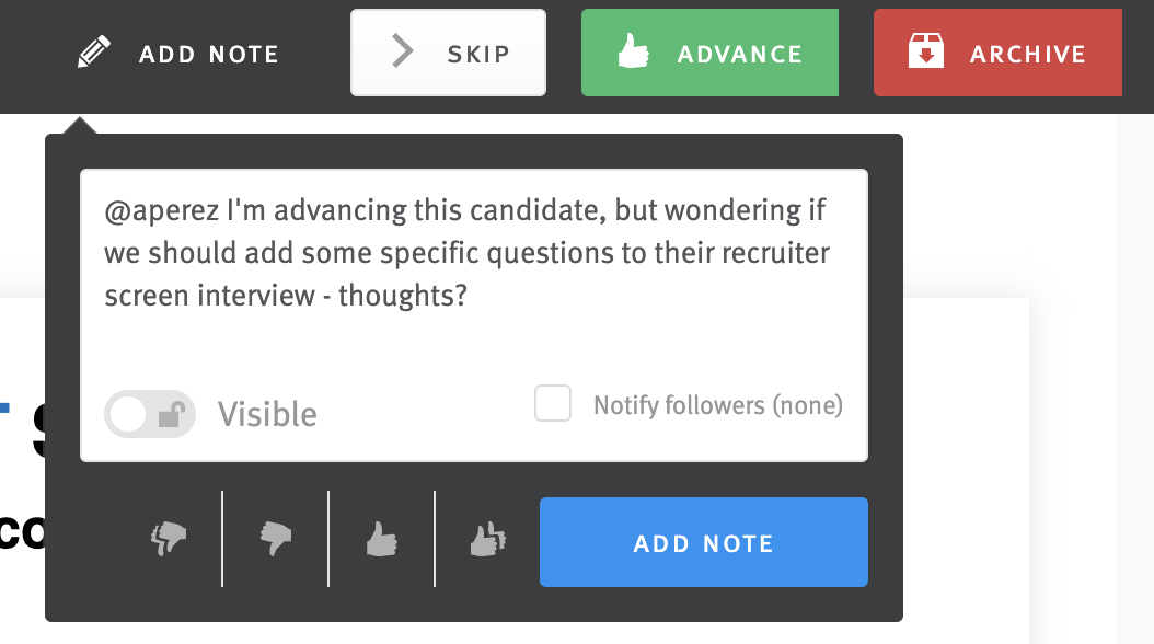 Close up of note added via Add Note field in Fast Resume Review