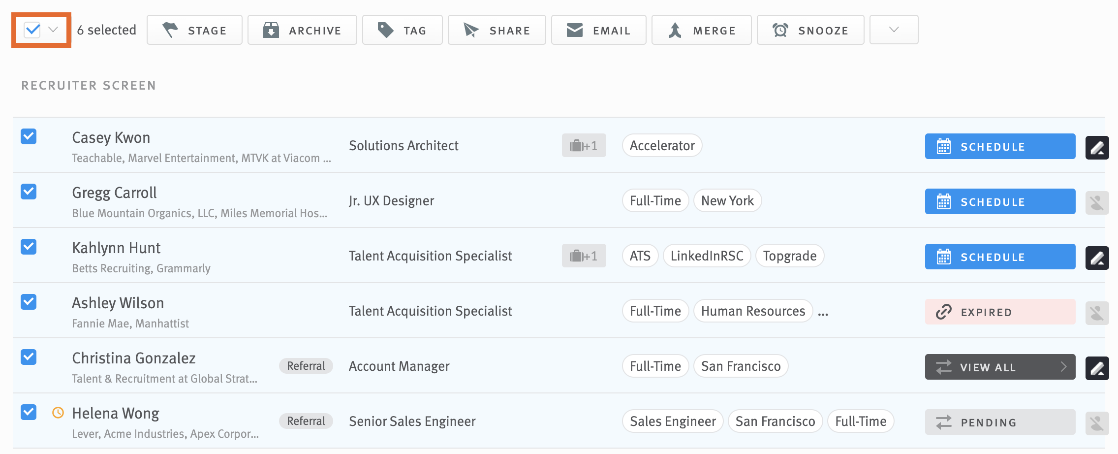 Multiple opportunities selected in opportunity list; bulk-select checkbox is outlined.