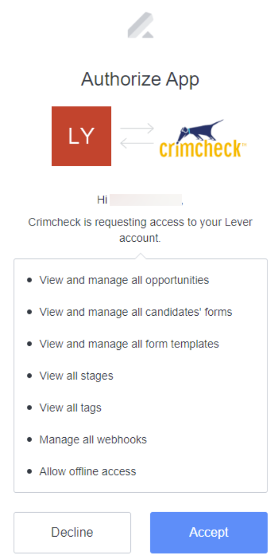 Lever authorize app modal showing list of permissions.