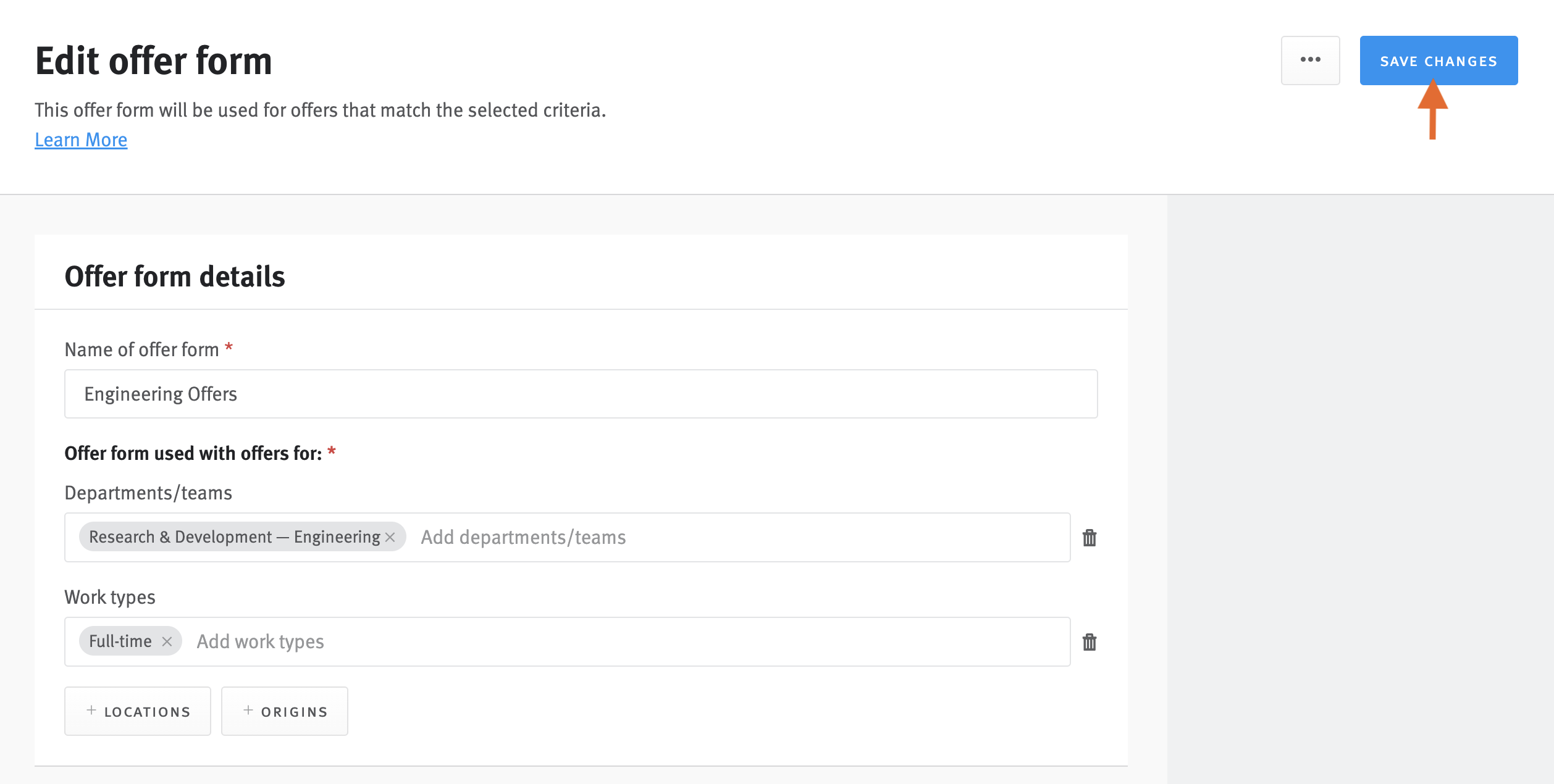 Close-up of offer form editor with arrow pointing to Save Changes button.