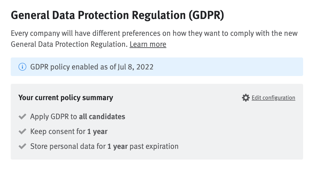 GDPR configuration summary in Company settings