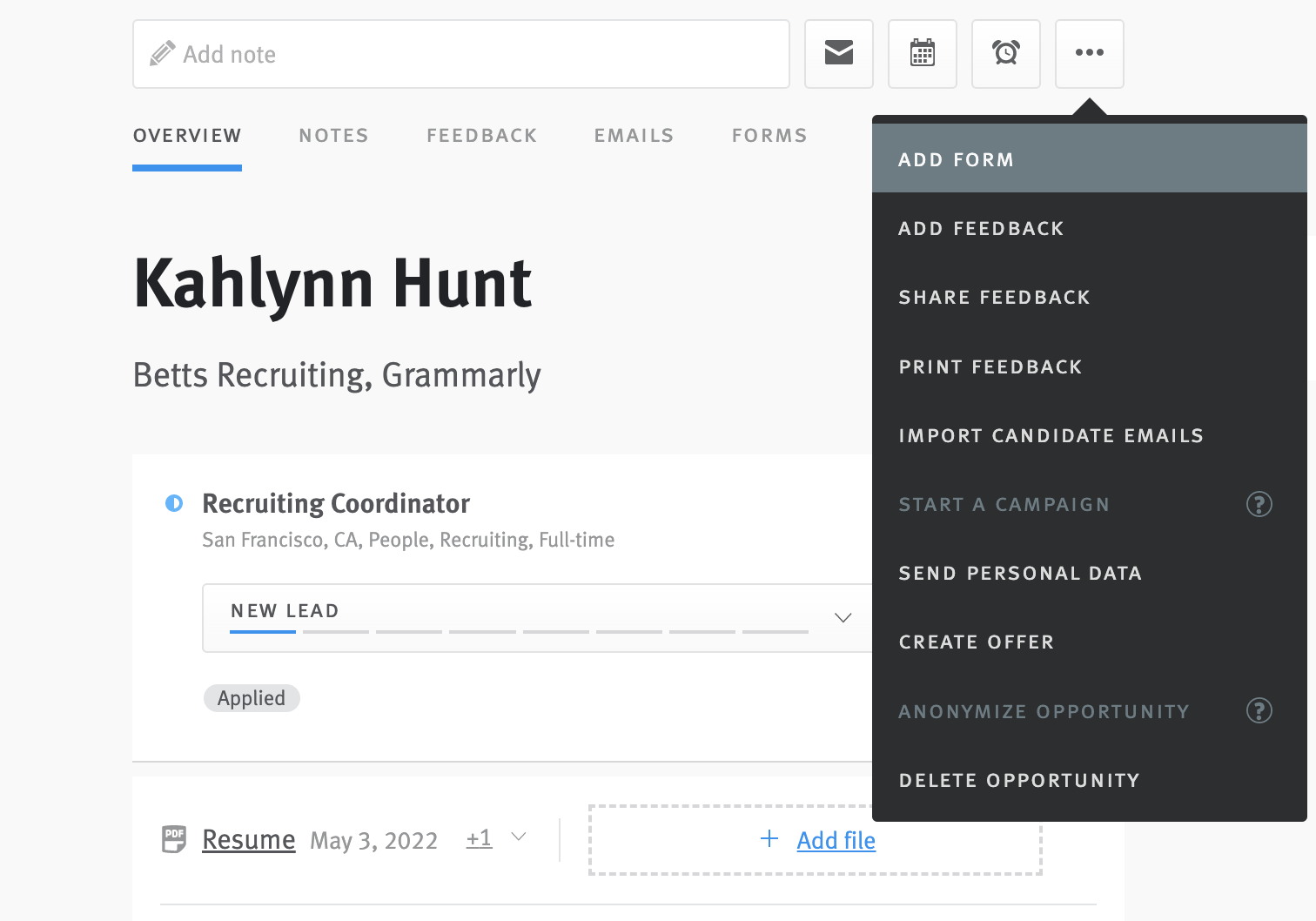 Close up of menu extending from ellipses button candidate profile; Add Form option highlighted on hover