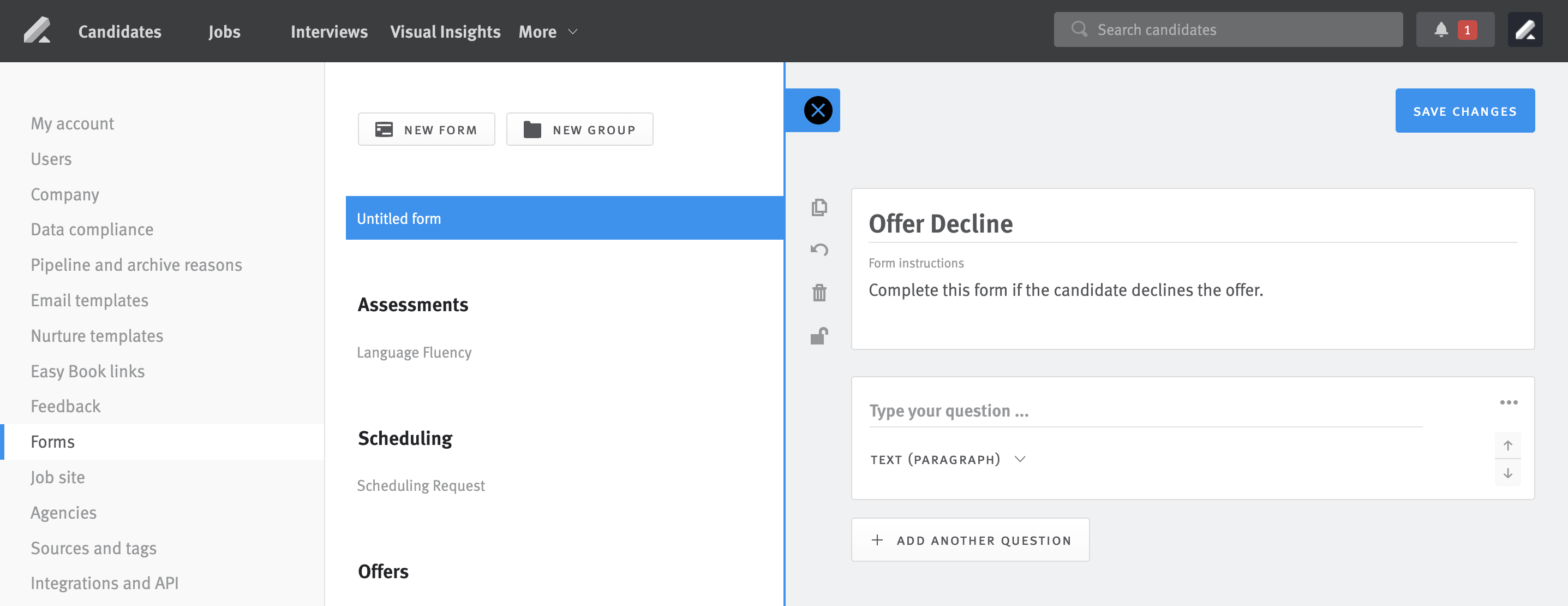 Forms page in Settings with form template editor expanded.