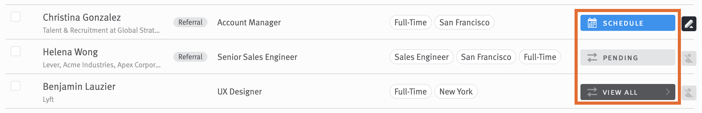 Close up of opportunities in the opportunities list with call-to-action buttons.