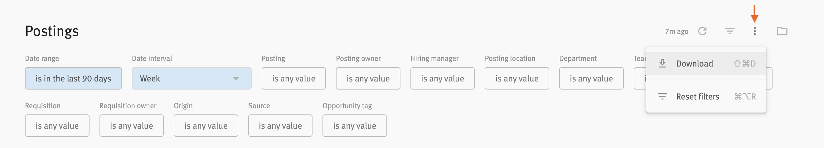 Arrow pointing to three stacked dots button at top of dashboard with download option highlighted on hover.