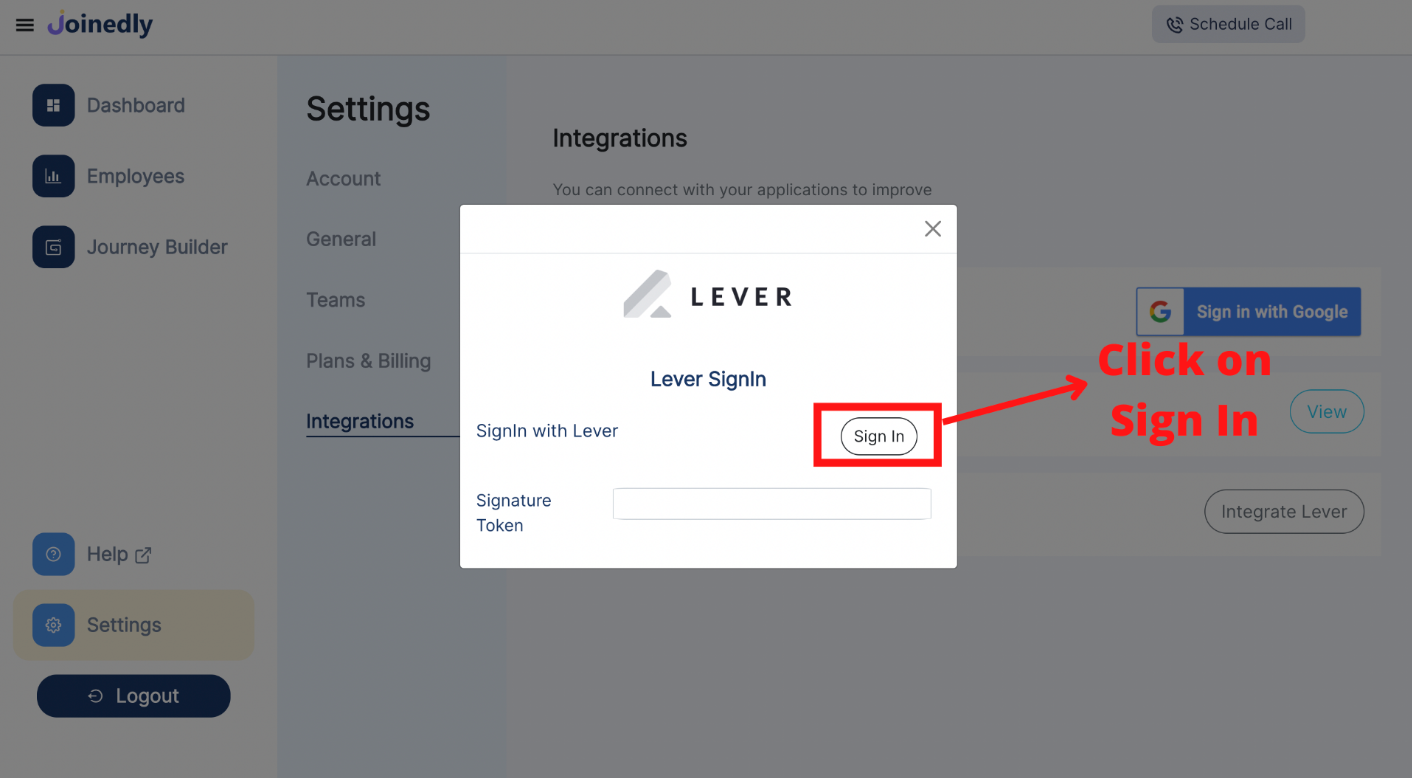 Joinedly dashboard with lever sign in modal and sign in button outlined