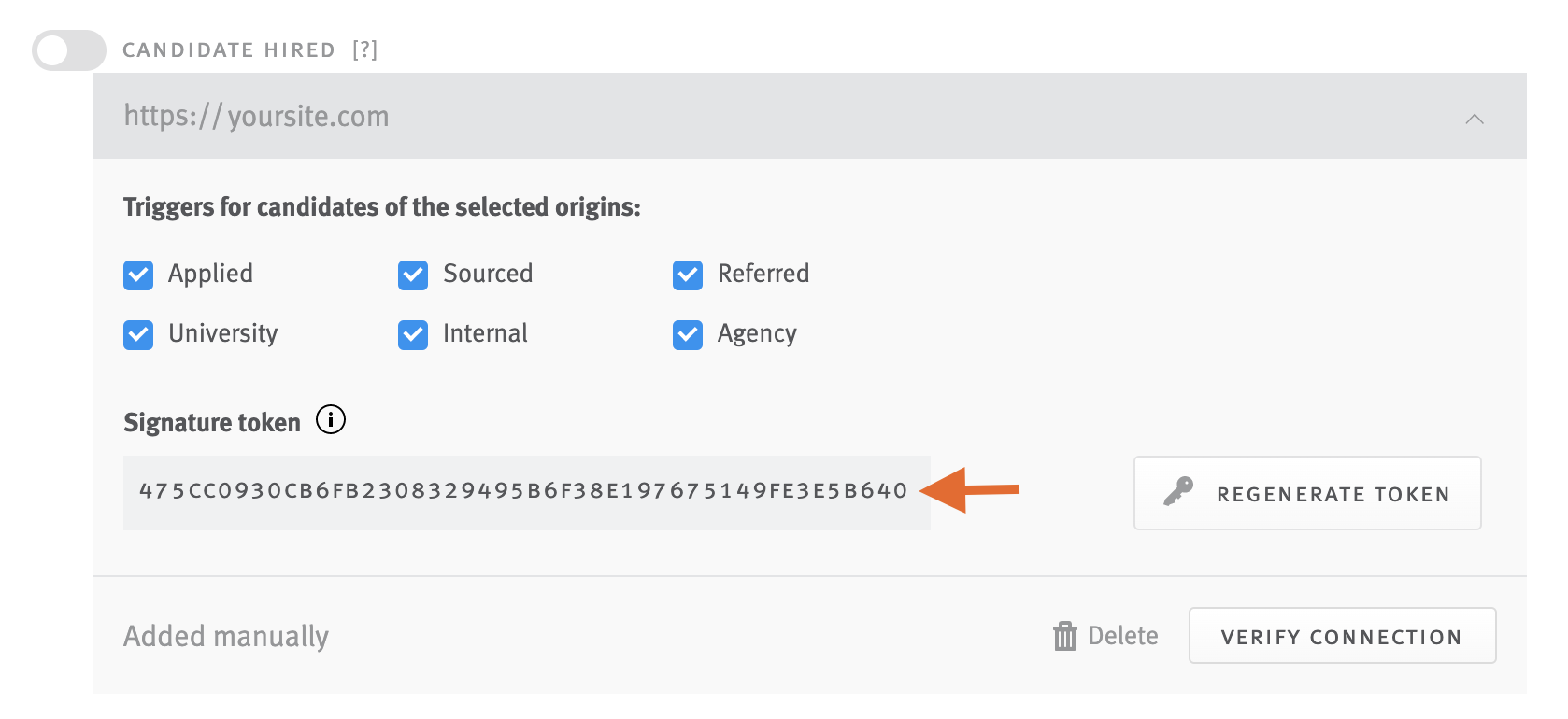 Candidate hired webhook tile with arrow pointing signature token.