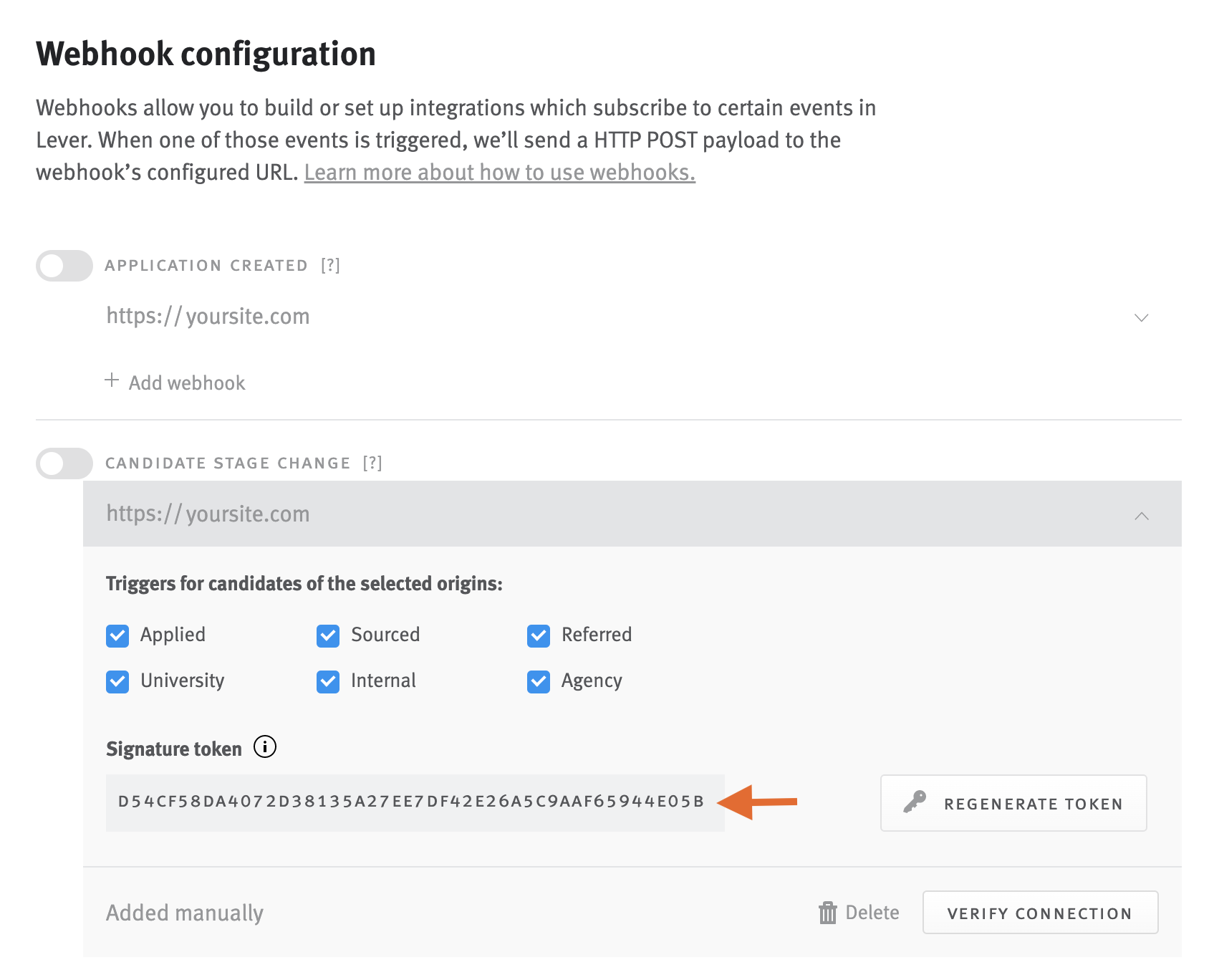 Candidate stage change webhook tile with arrow pointing signature token.