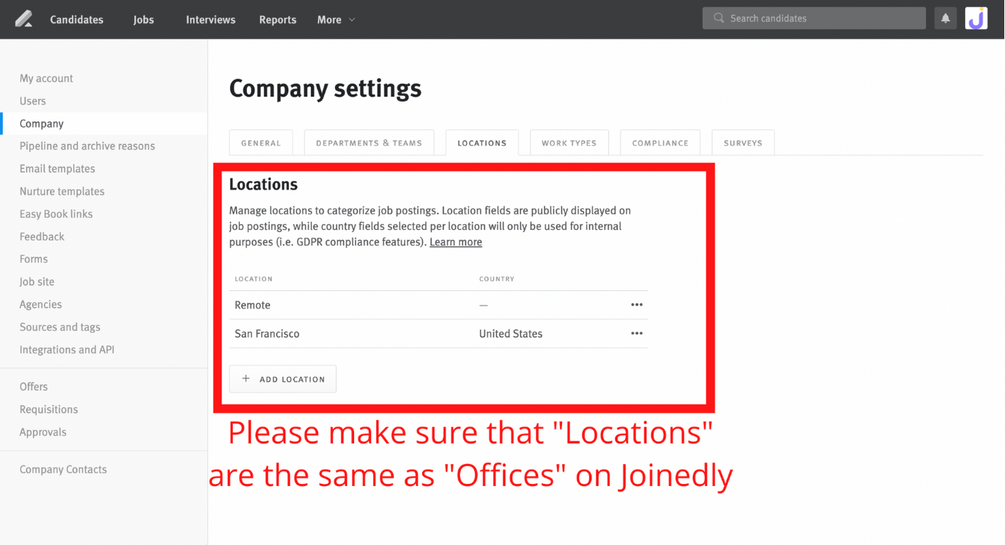 Lever company settings with locations section outlined