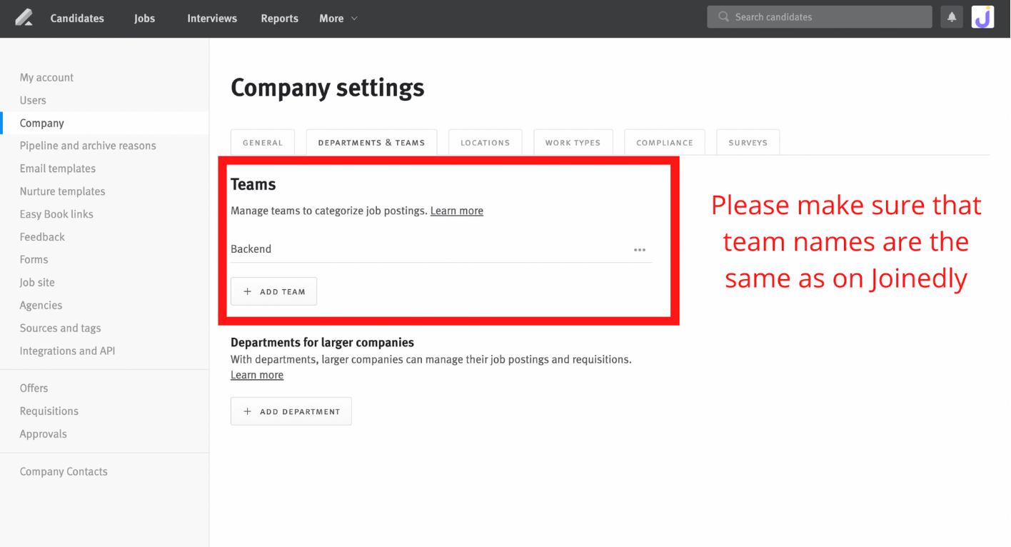 Lever company settings with teams section outlined