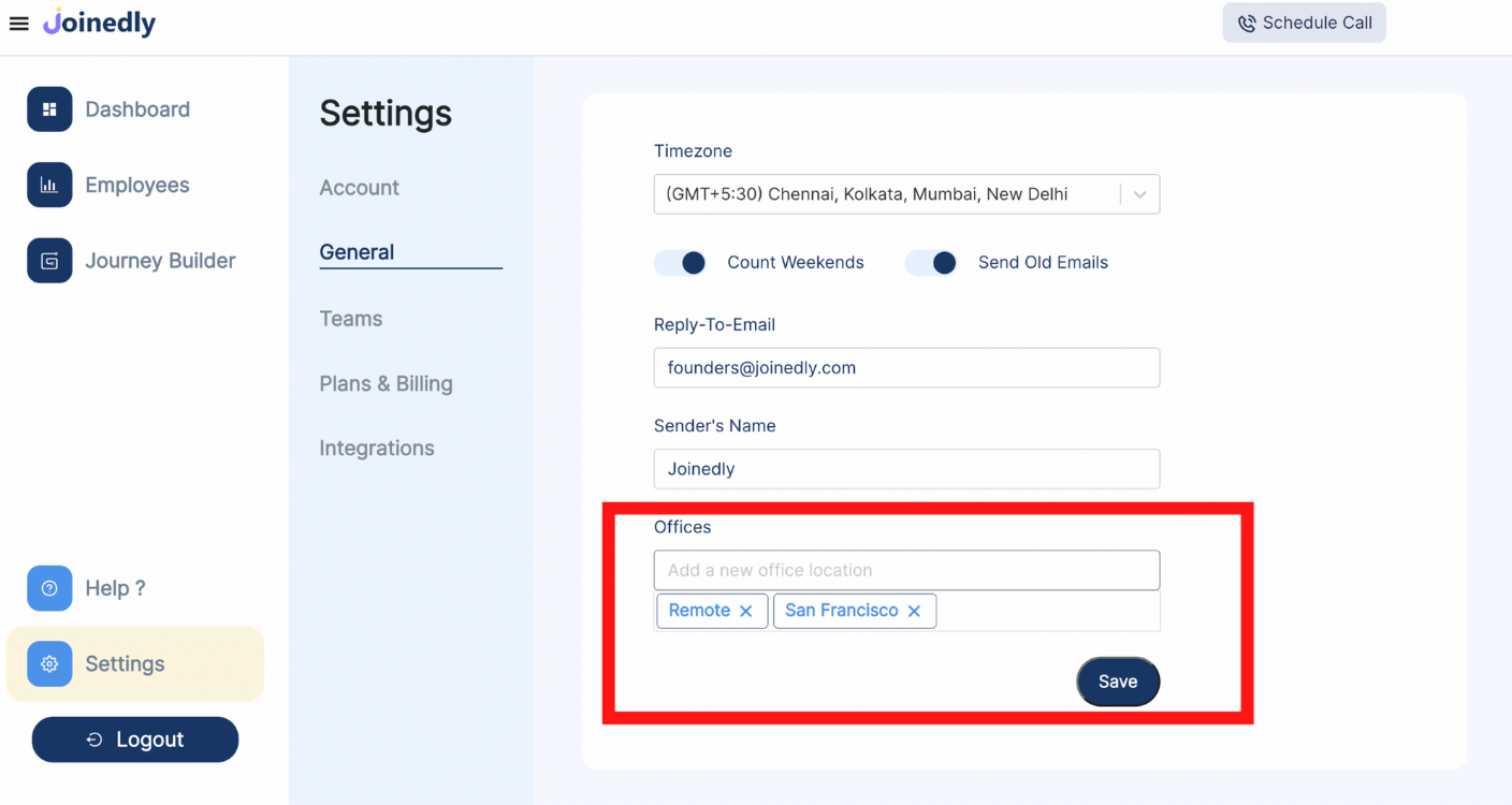 Joinedly settings with offices field outlined