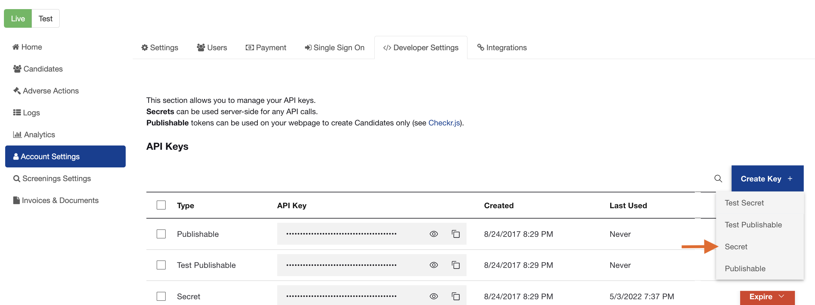 Developer Settings page in Checkr with menu extended from Create Key button and arrow pointing to Secret option