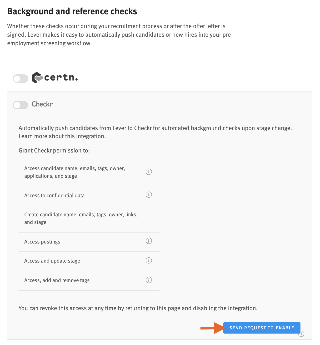 Expanded Checkr integration tile in Lever Settings with arrow pointing to request to enable button.