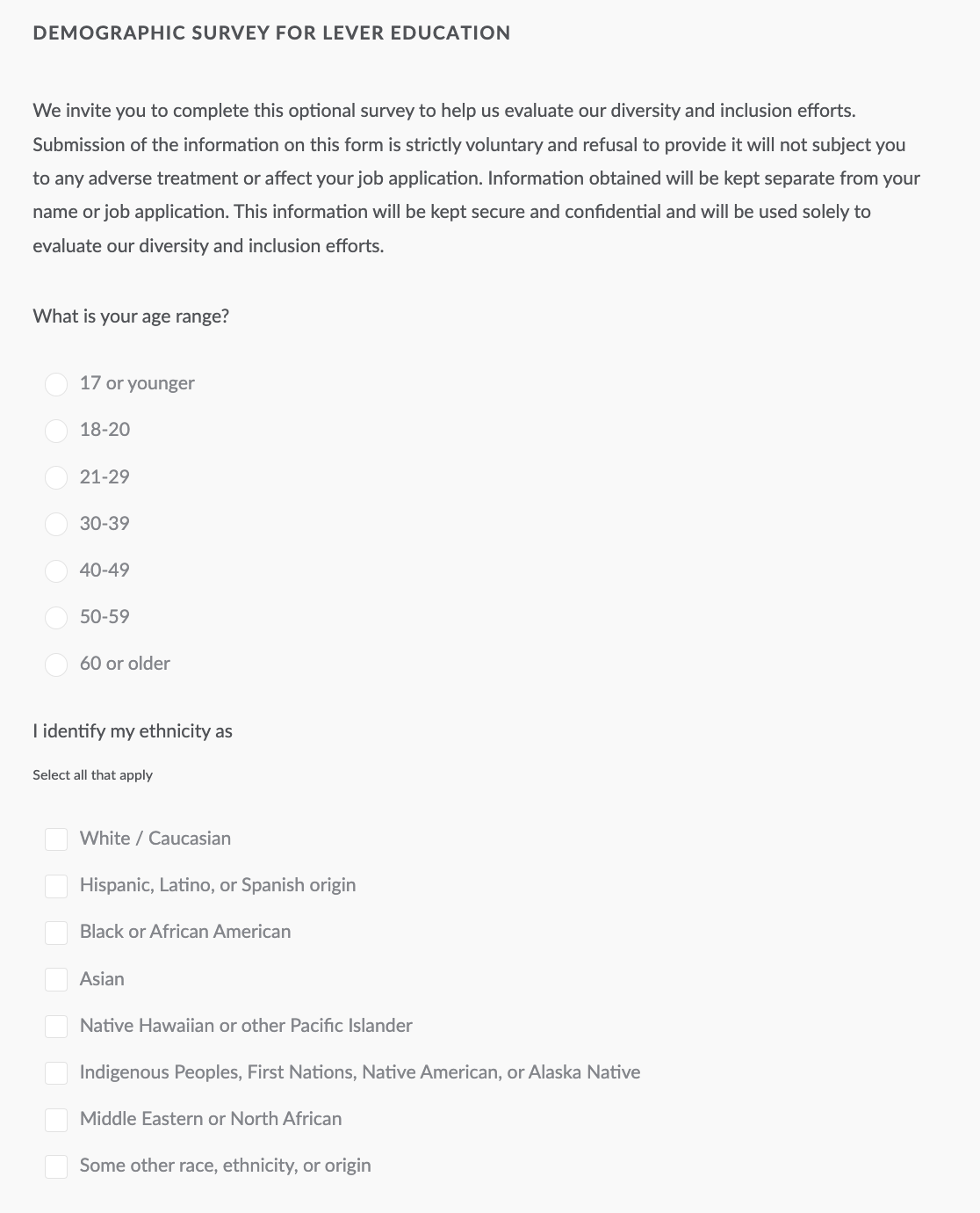 Diversity survey questions on job site application page
