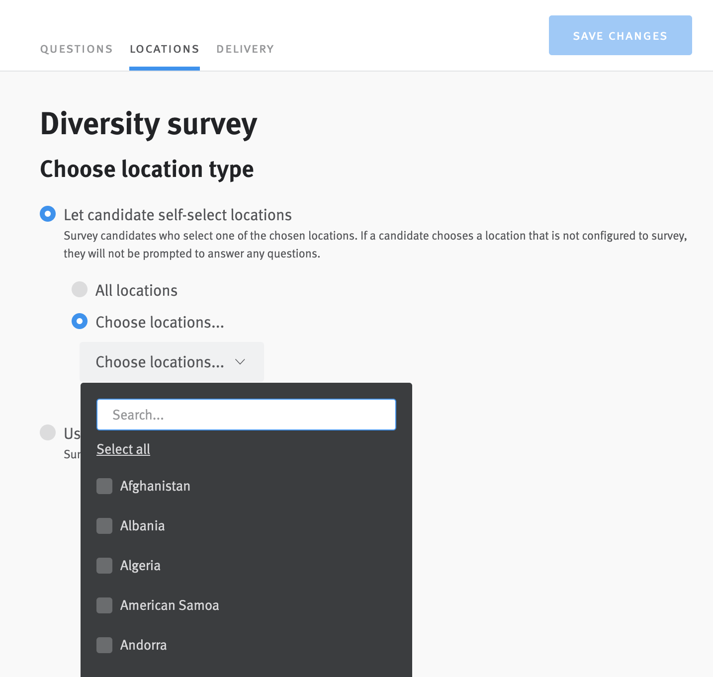 Diversity survey editor with drop down menu of locations