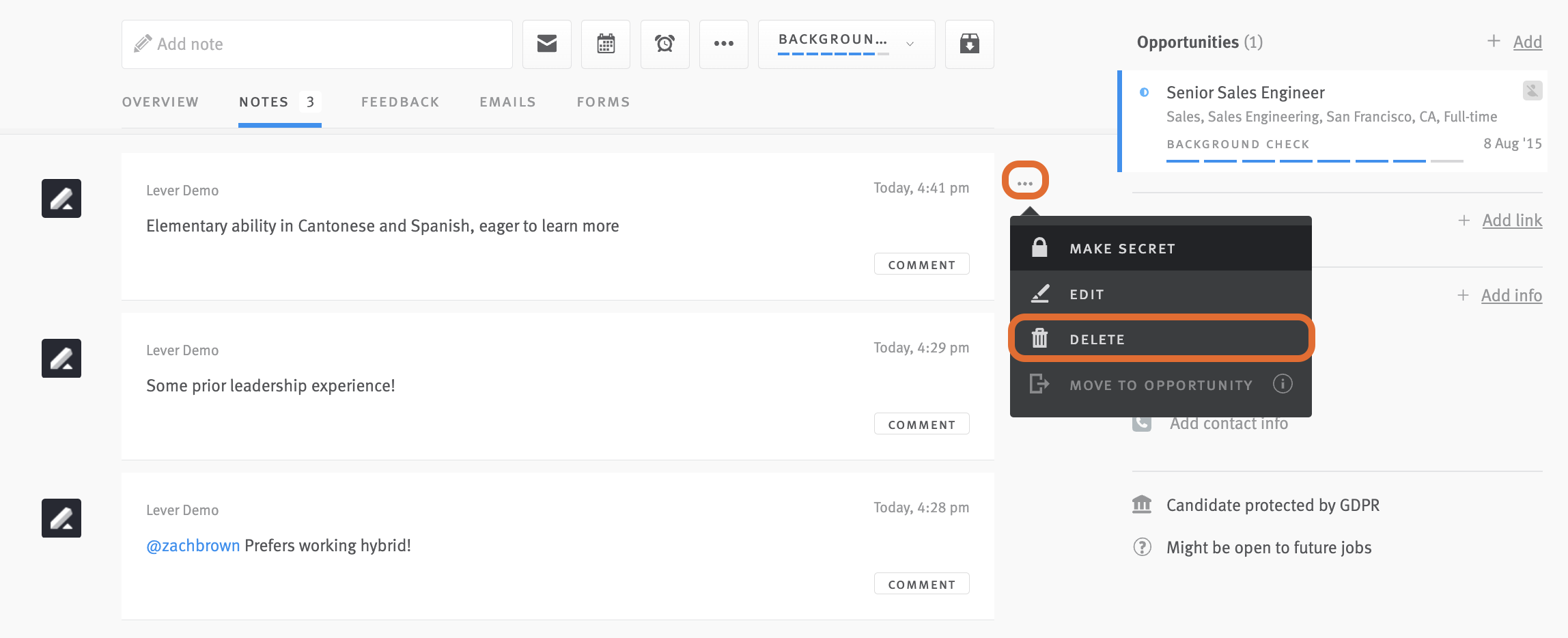 Candidate profile with elipses and delete buttons outlined