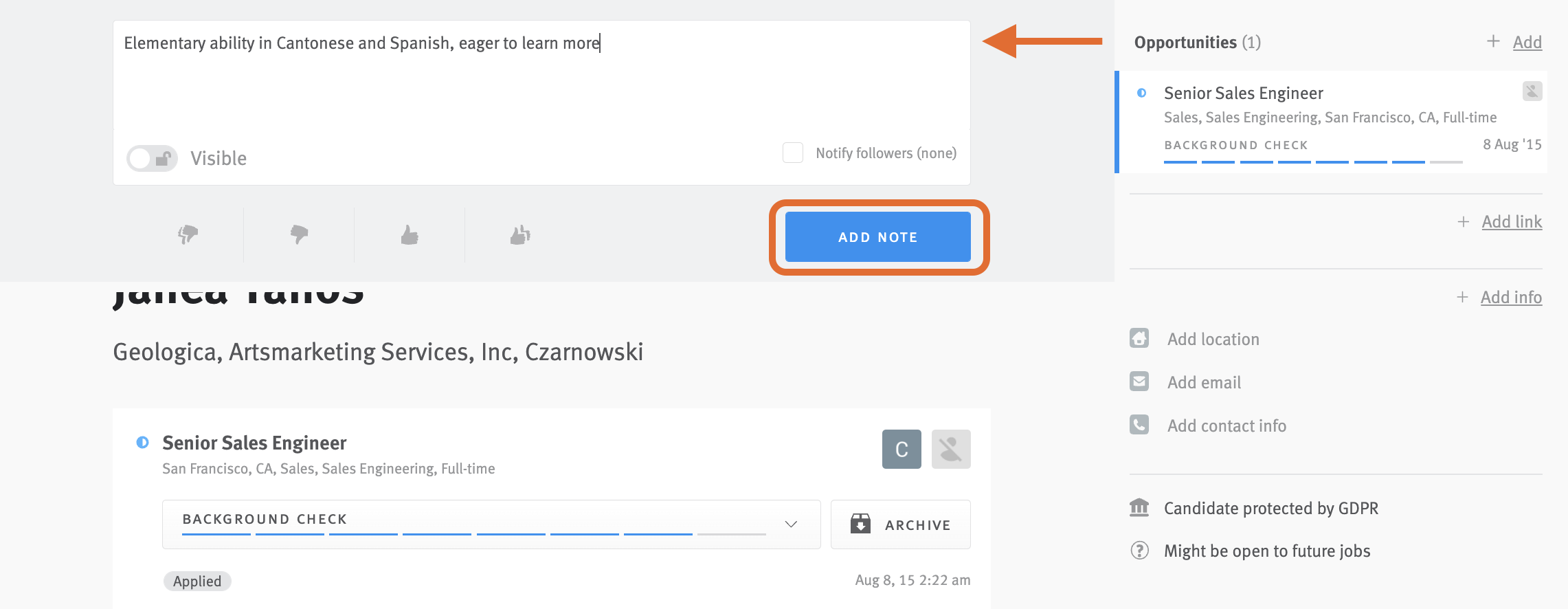 Candidate profile with add note button outlined