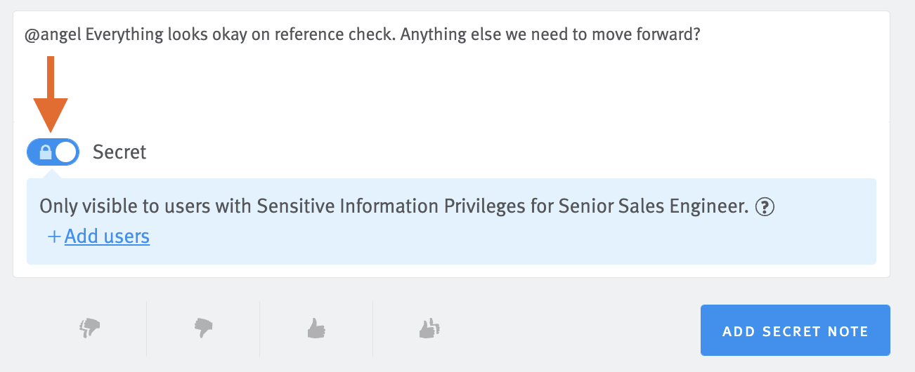 note modal with arrow pointing to blue secret toggle