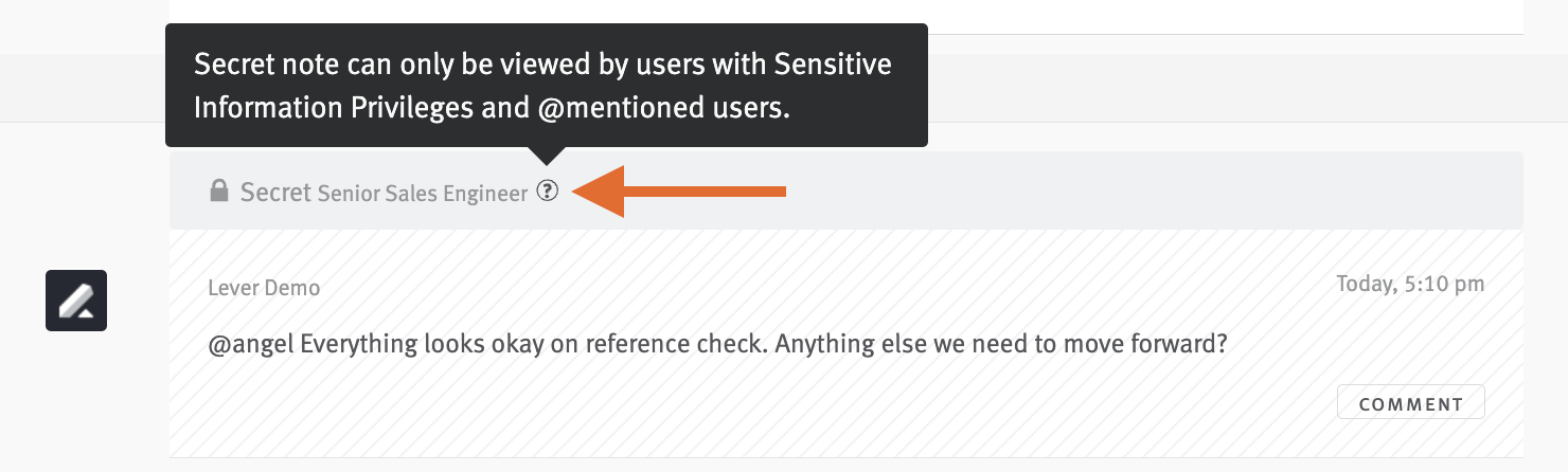 Note on candidate profile with arriw pointing to question mark icon