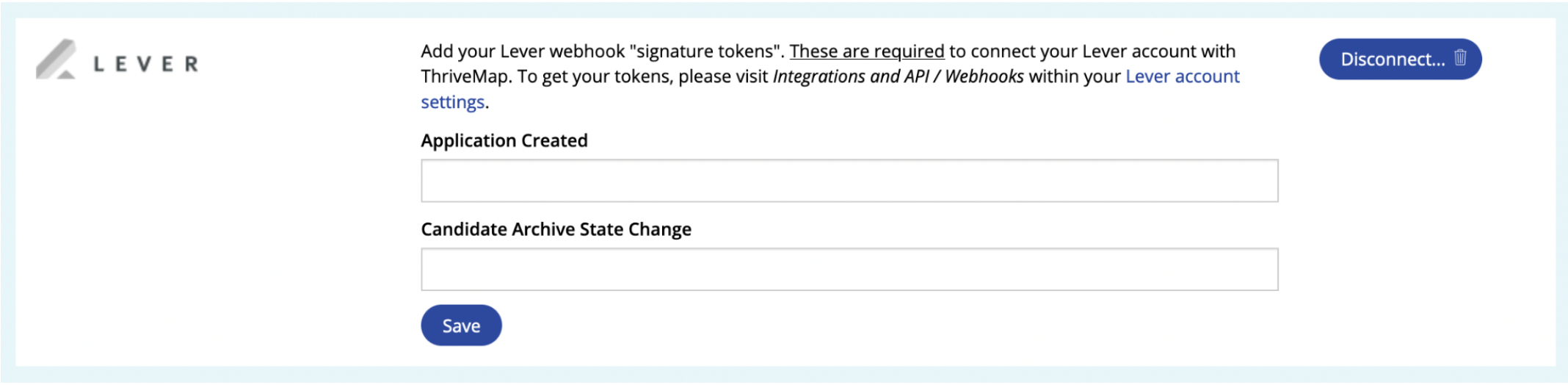 Thrivemap integrations page showing lever section with application created and state change fields