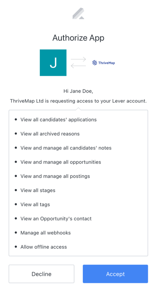 Authorize app modal with list of permissios and blue accept button