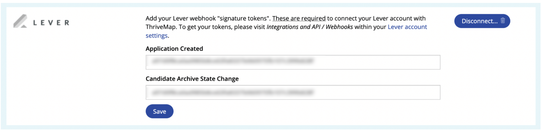 Thrivemap integration page showing lever fields filled in