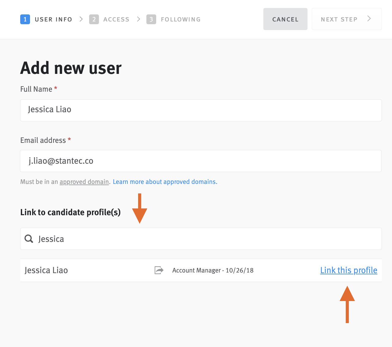 Profile editor with arrow pointing to link to candidate profiles search field