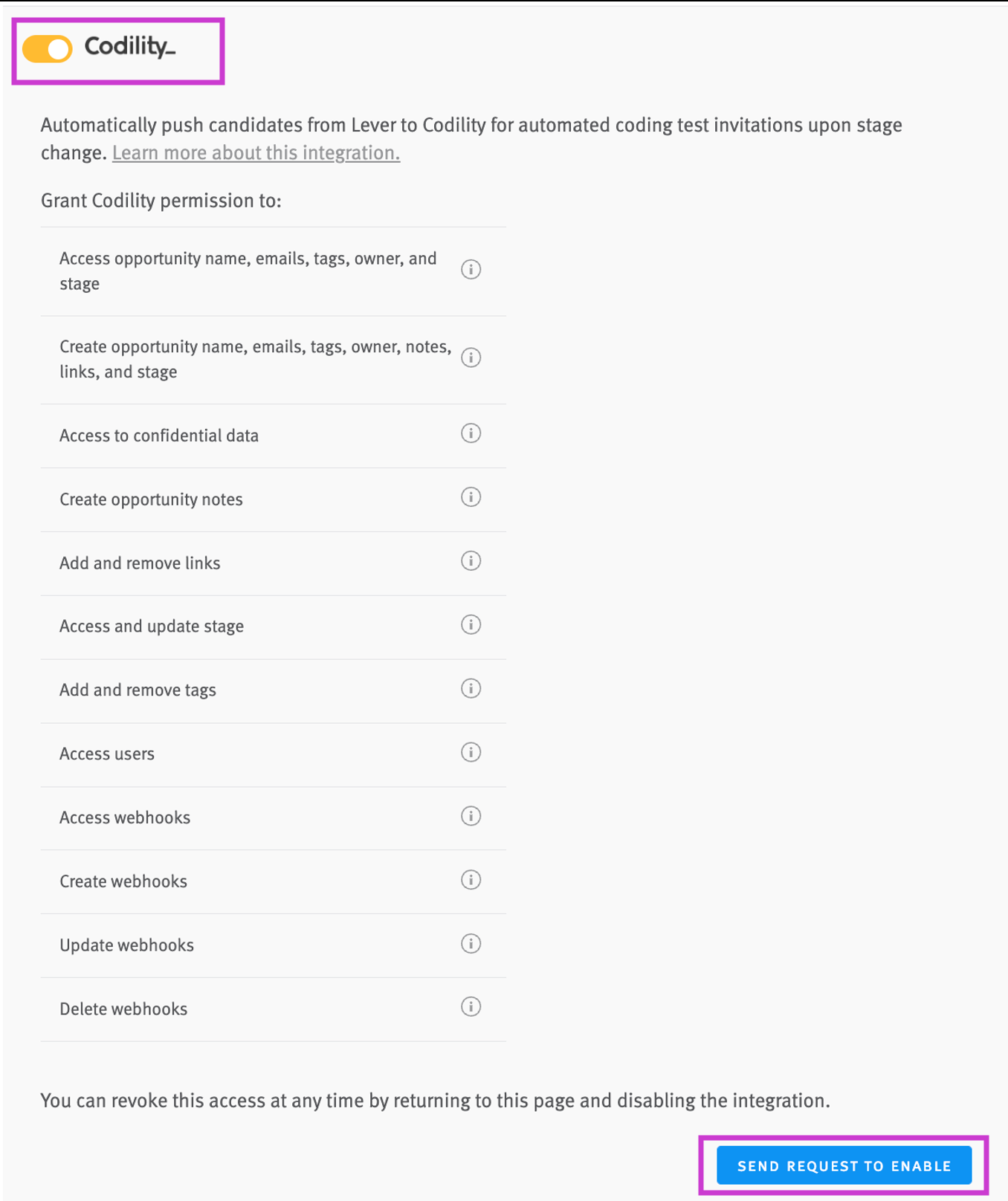Codility section in lever webhooks page with blue send request to enablel button outlined