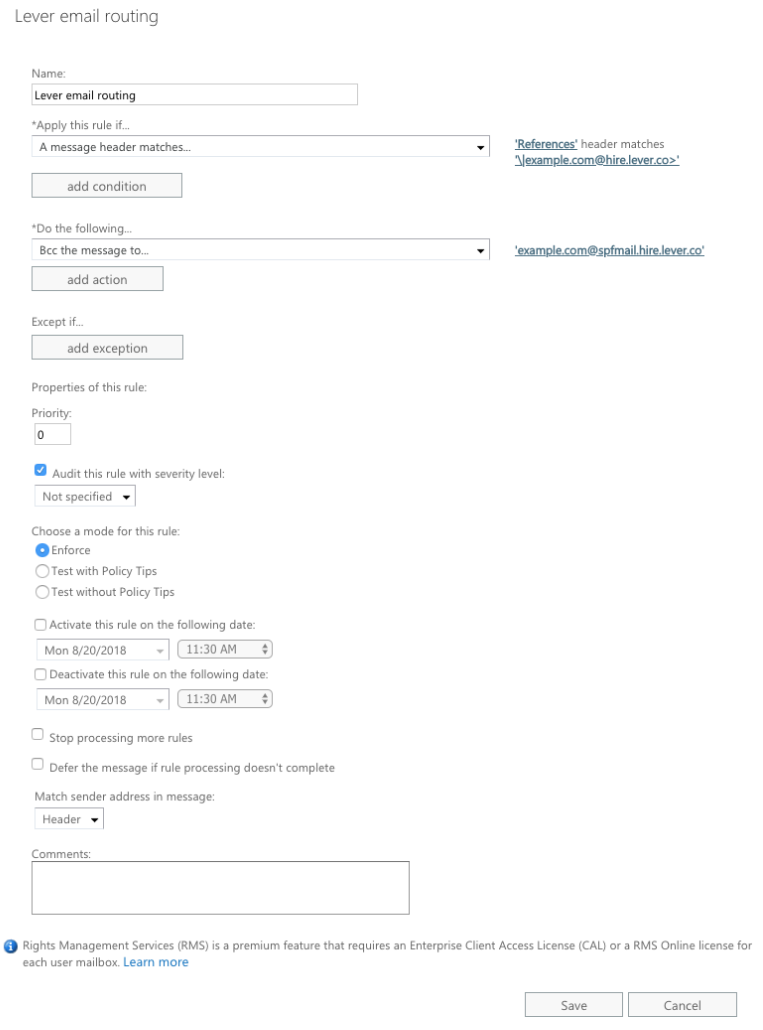 Lever email routing window with fields filled