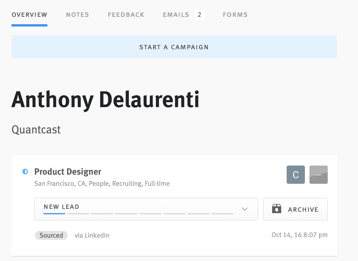 Close up of start campaign call to action button on candidate profile.