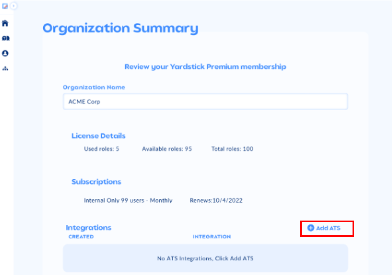 Yardstick organization summary with add ats button outlined