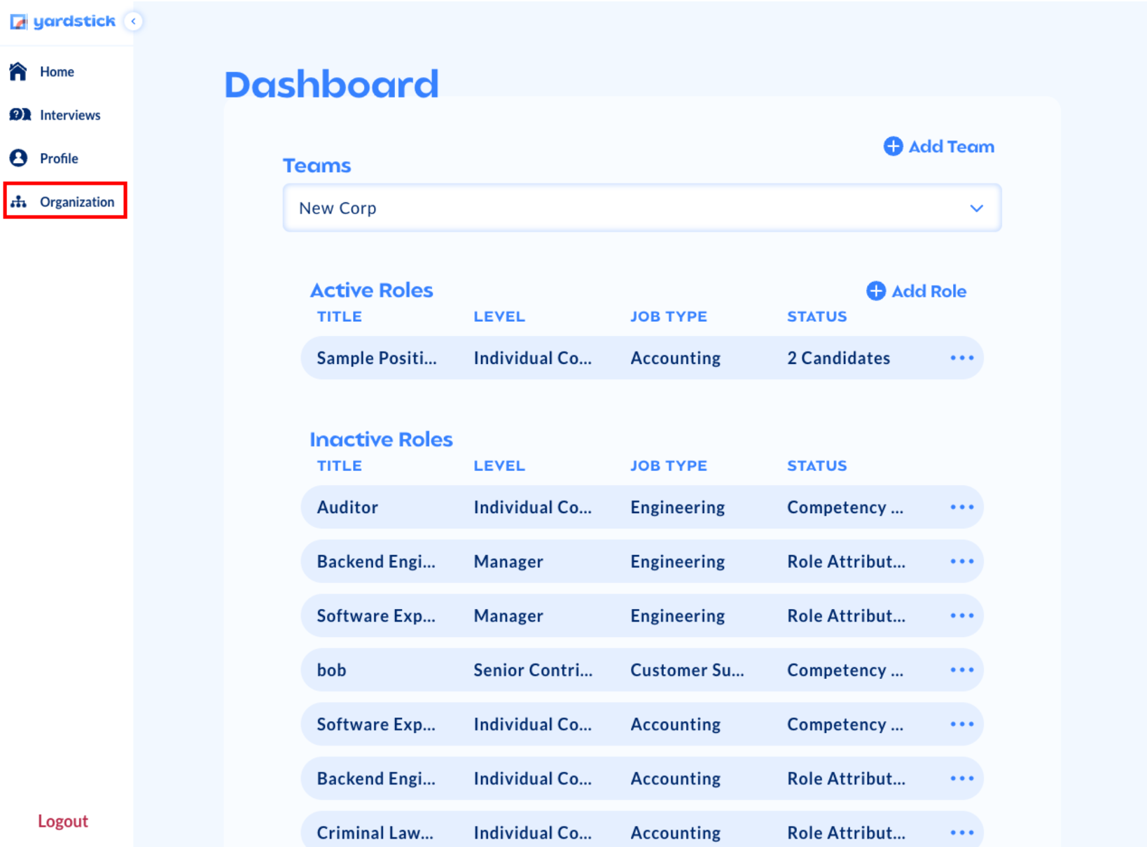 Yardstick organization dashboard
