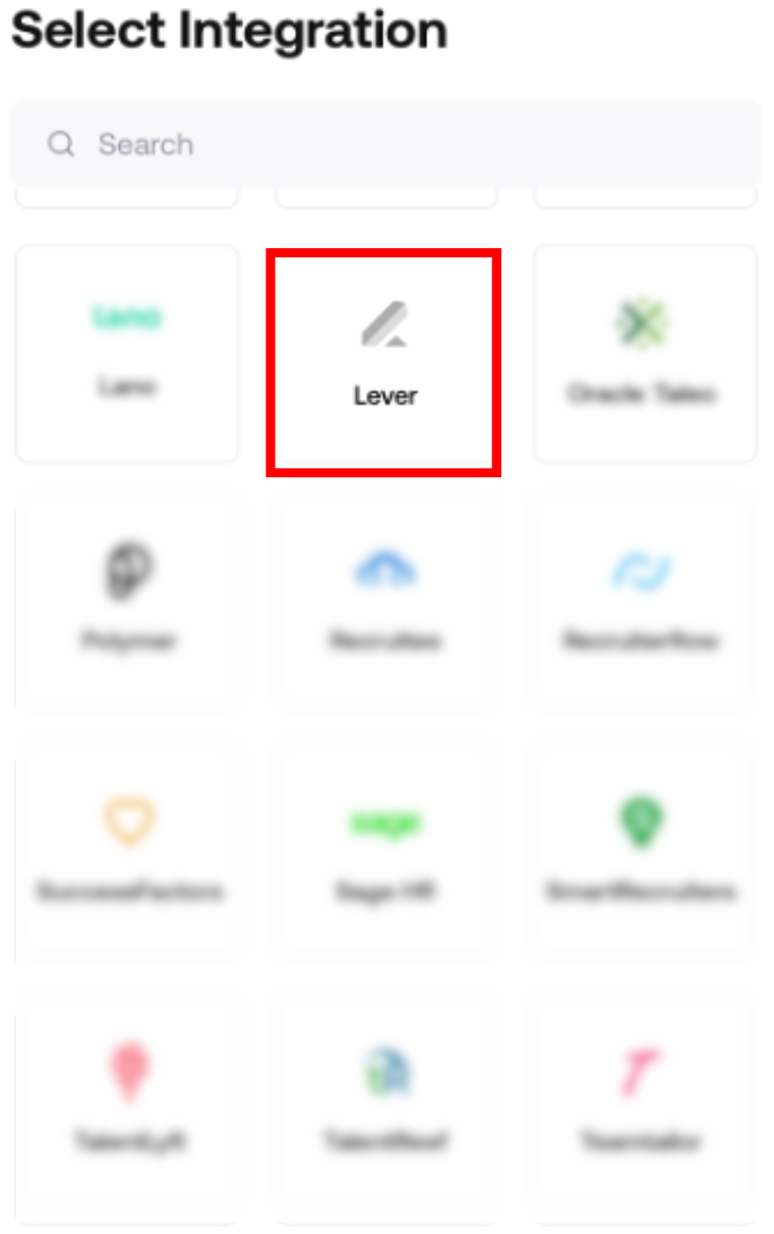 Yardstick select integration page with Lever button outlined