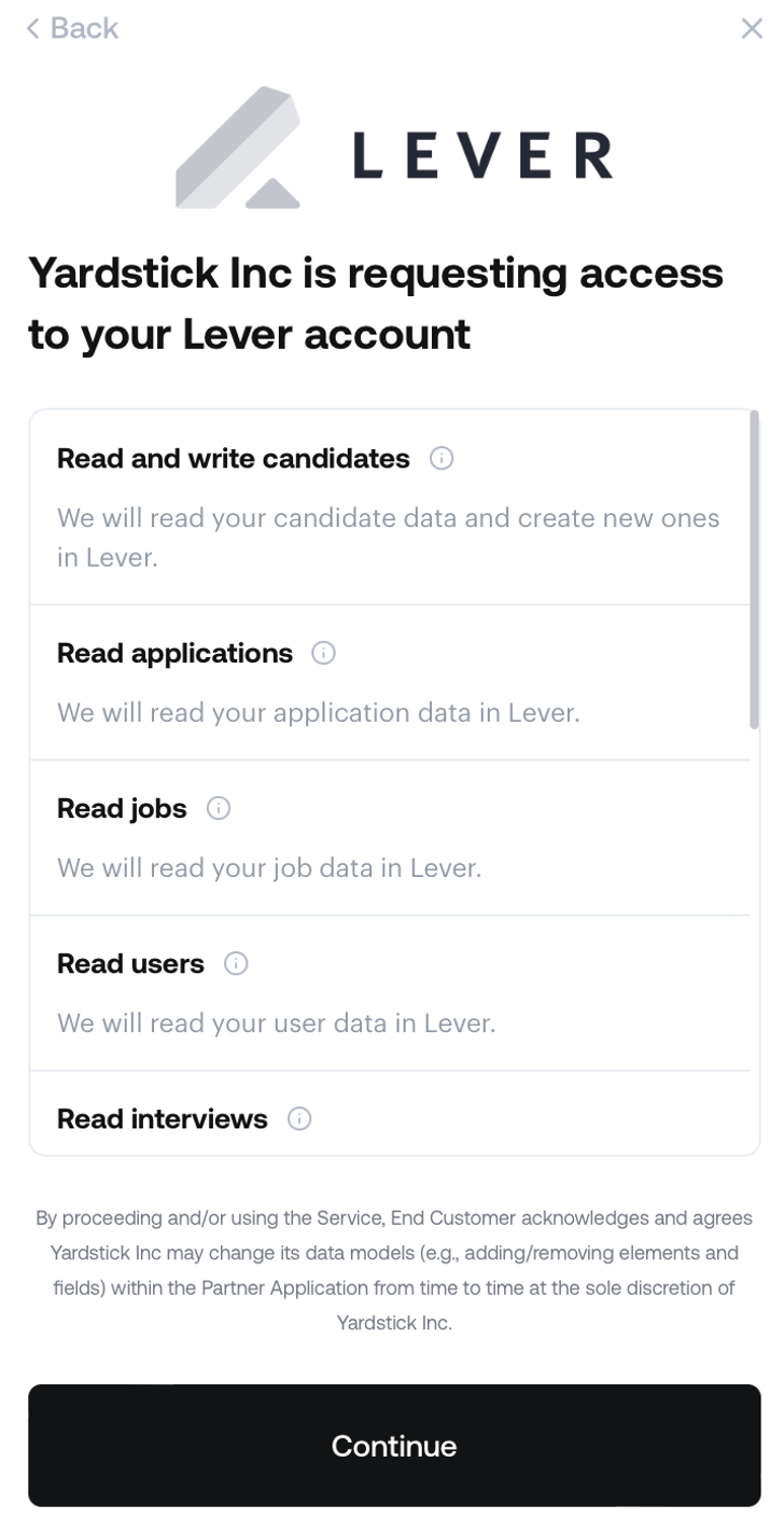 Lever permissions modal showing list of permissions