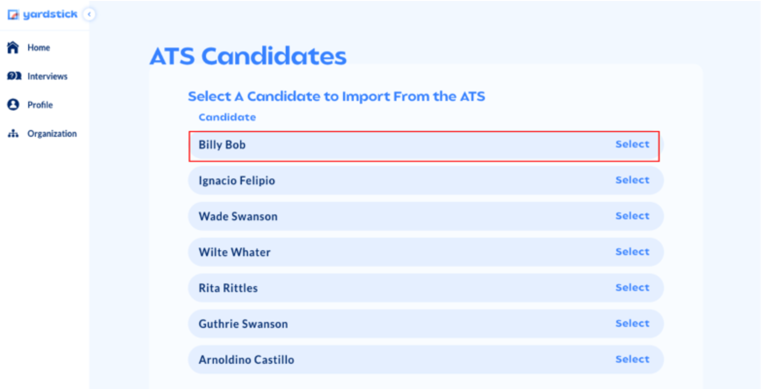 Yardstick ATS candidates page with candidate in list selected