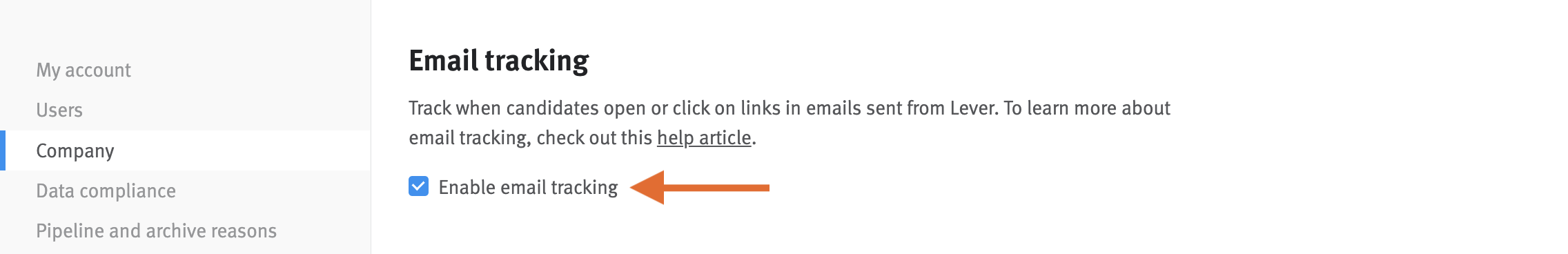 Settings page on company tab with email tracking checked