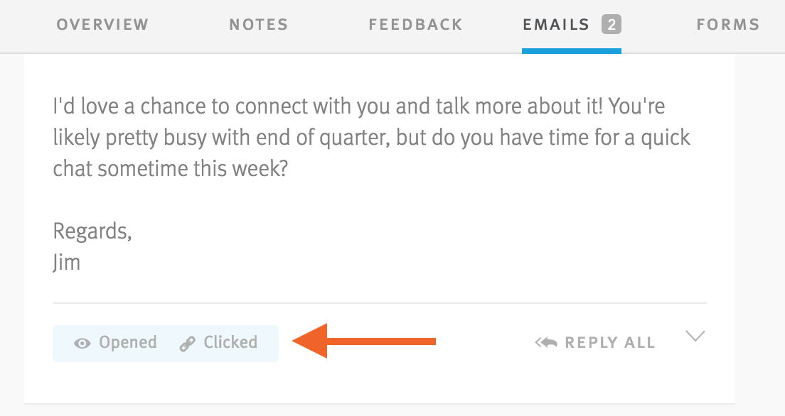 Candidate profile email story with opened and clicked labels