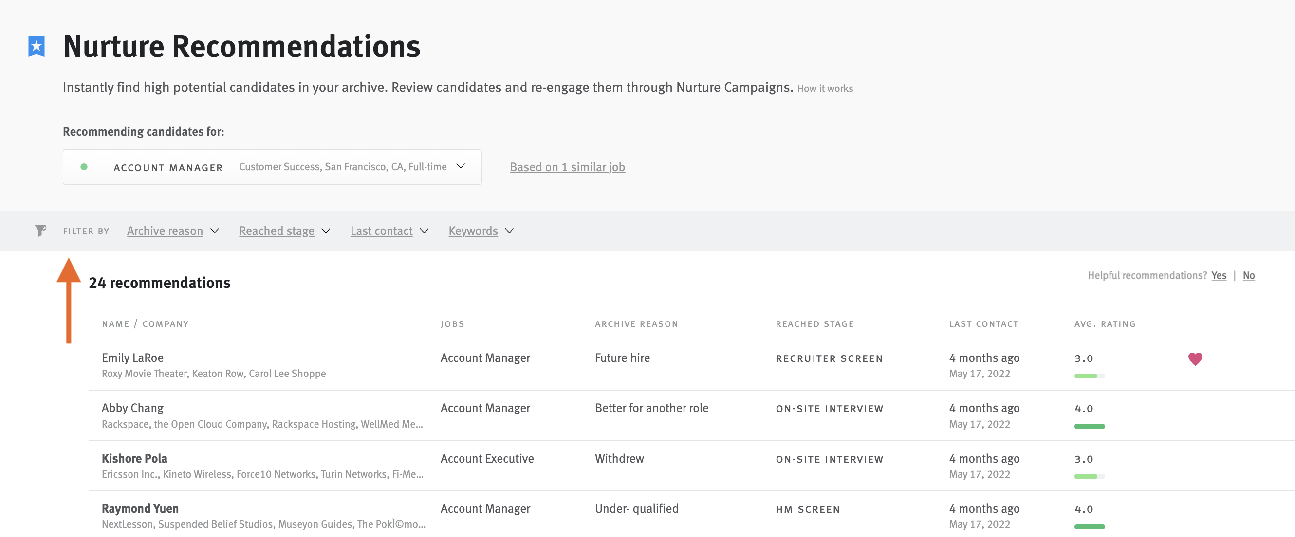 Nurture recommendations with arrow pointing to filter by