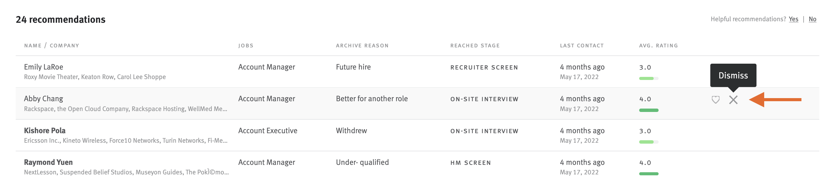 Nurture recommendations window with arrow pointing to x button next to a candidate