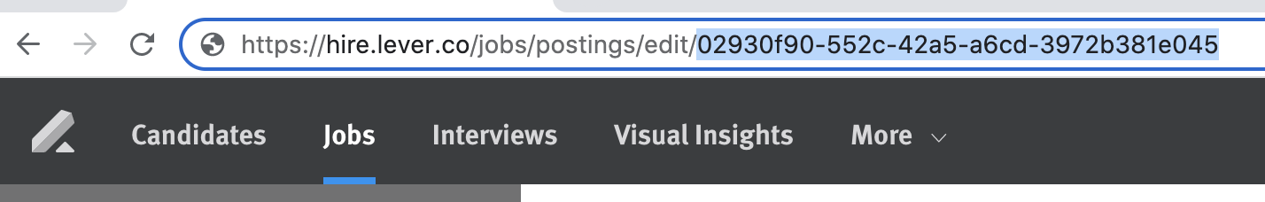 Close of of Lever job posting with posting ID highlighted and circled in URL bar.