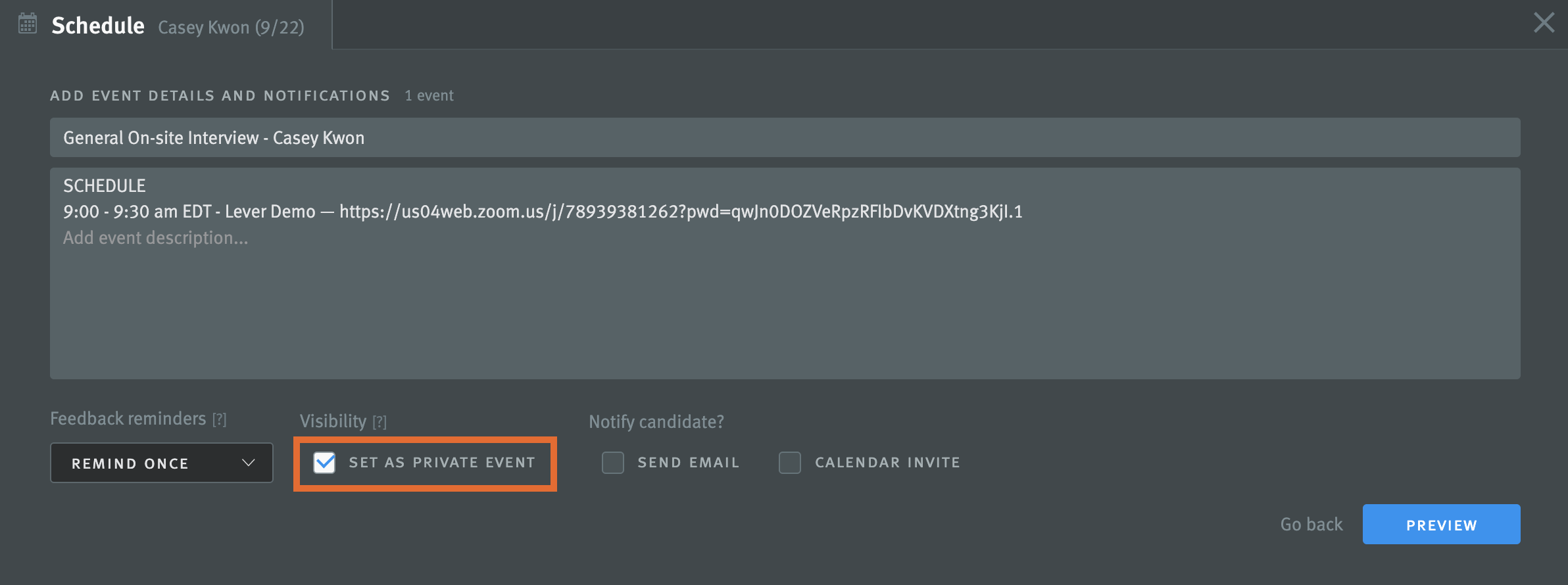 Interview scheduling modal with Set as Private Event checkbox outlined.