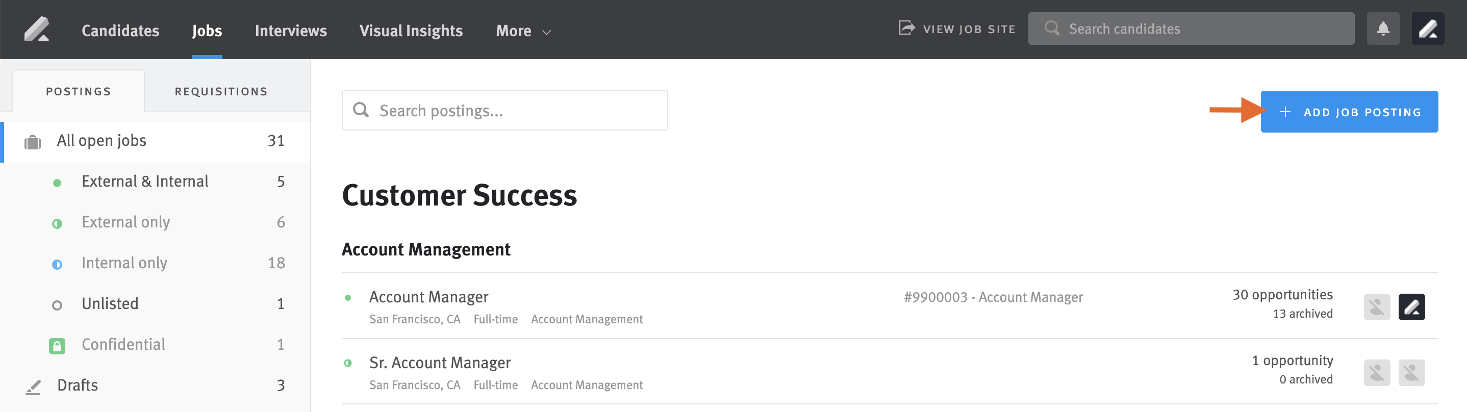 Arrow pointing to Add Job Posting button on Jobs page.