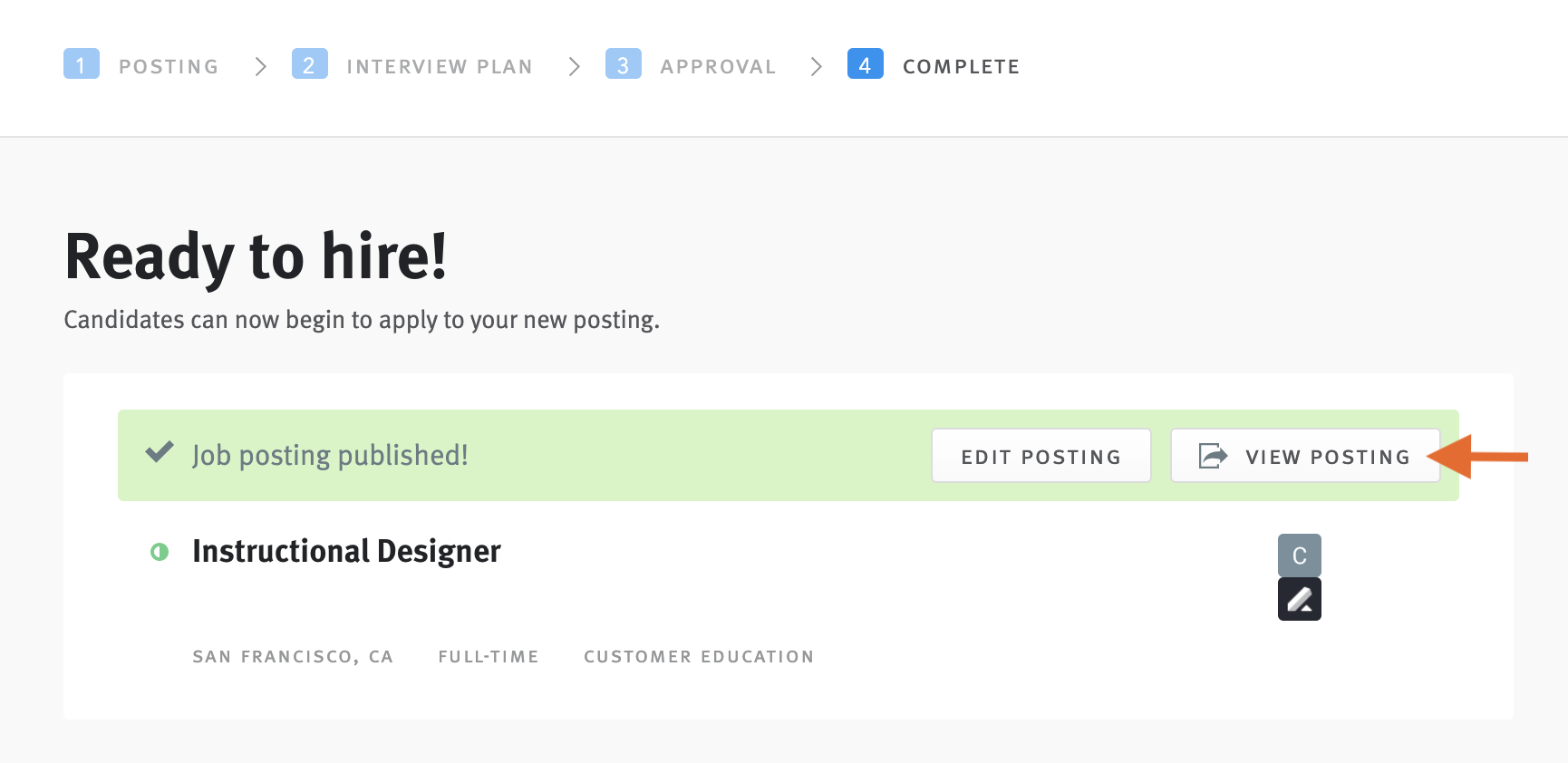 Arrow pointing to view posting button on completion page of posting editor.