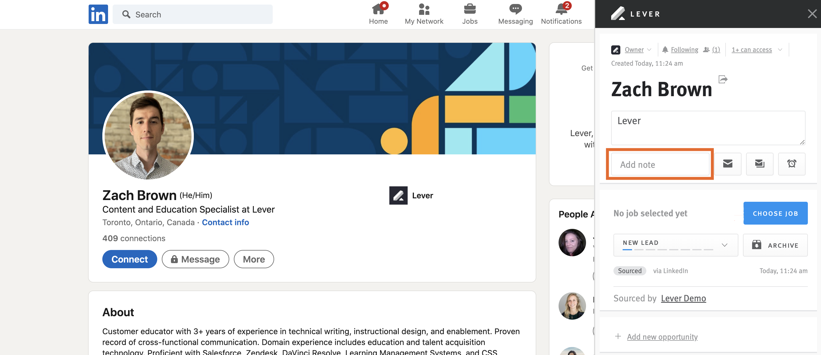 Linkedin with lever extension and note field outlined
