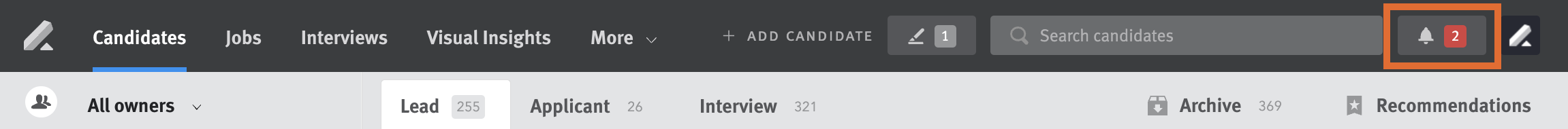 Lever navigation menu with inbox notification outlined