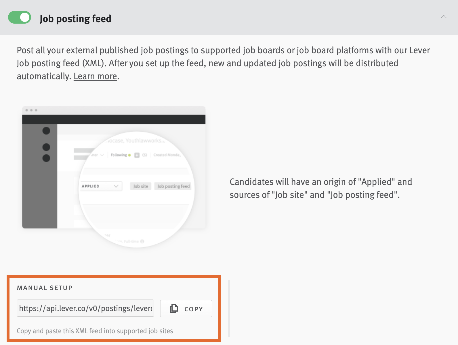 Job posting feed tile in with XML code field circled.