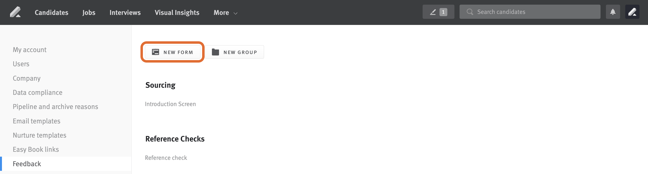 Feedback page with new form button outlined