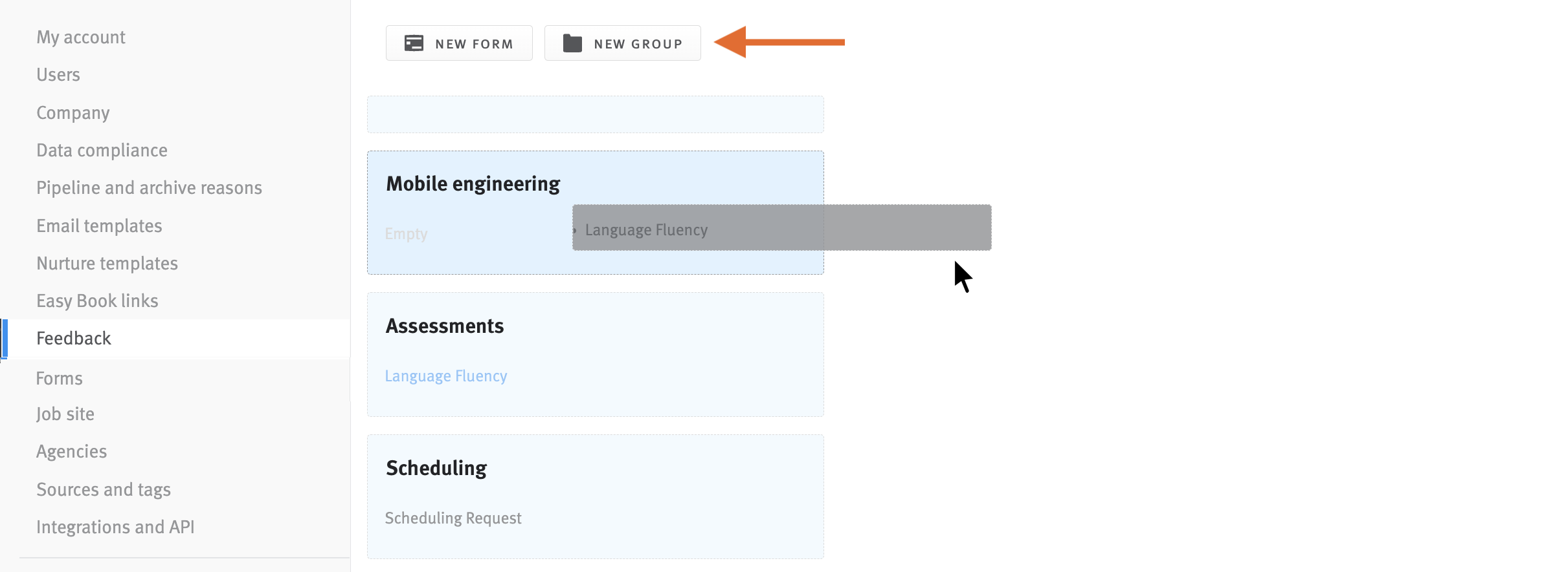 Feedback section with arrow pointing to new group button