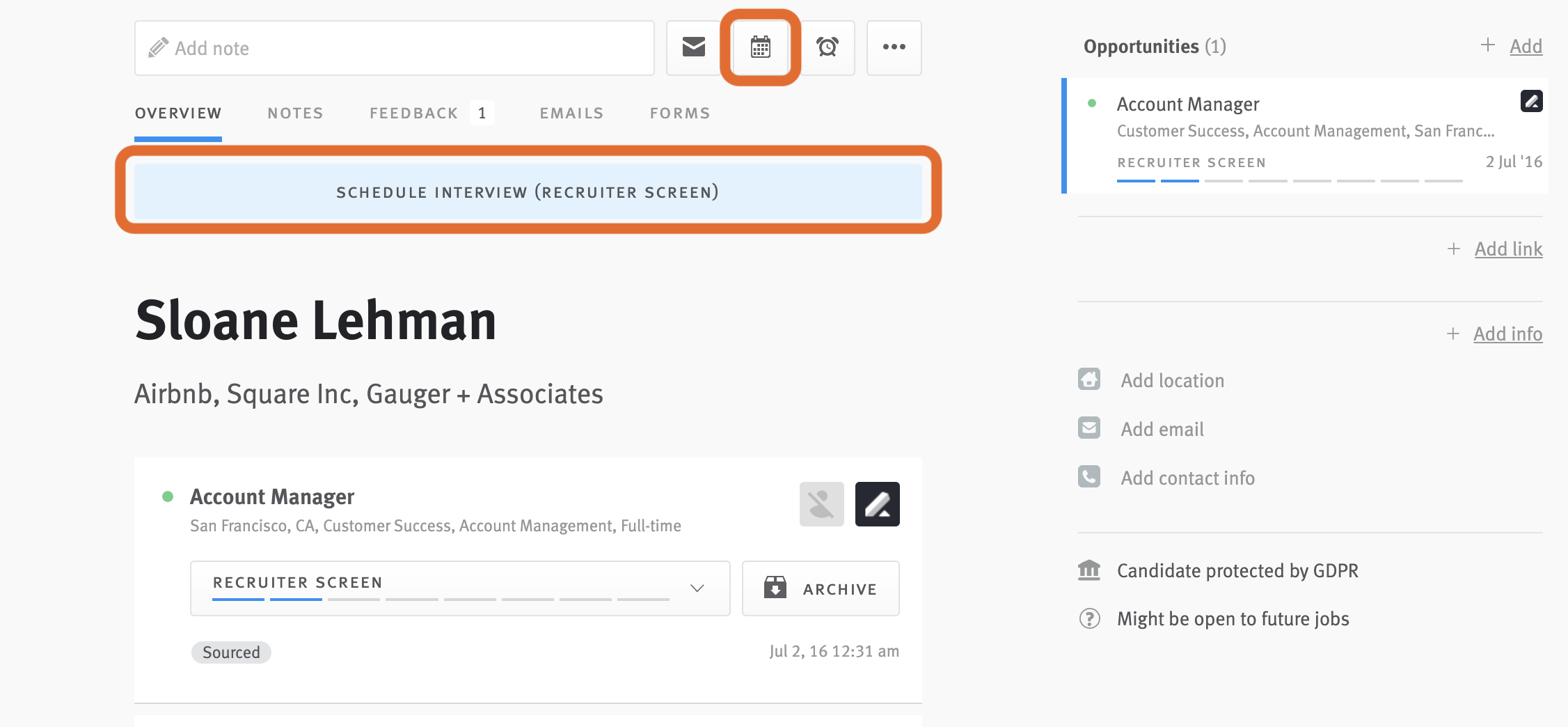 Candidate profile; schedule interview and calendar buttons outlined.