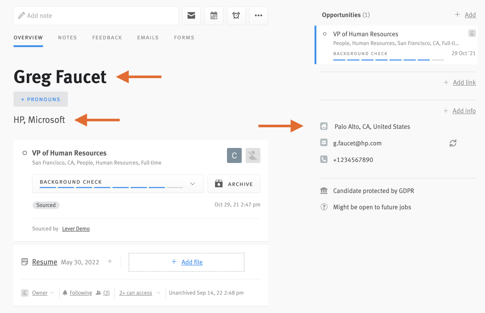 Candidate profile with arrows pointing to name, company, and contact information